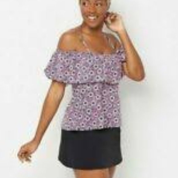 New $87 2 Piece Set  Fit 4 U Off-the- Shoulder Ruffle Tankini Skirt Pink - Picture 3 of 6